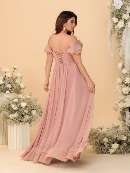 Robes de Demoiselle d'Honneur Grande Taille en Chiffon, Style Princesse/Ligne A, Décolleté Épaules Dénudées, Manches Courtes avec Fente Latérale