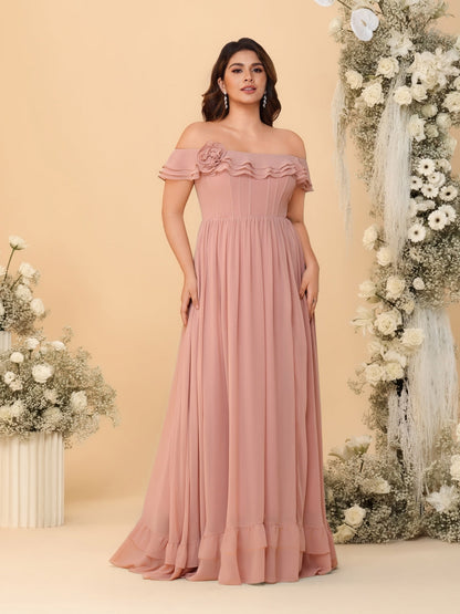 Robes de Demoiselle d'Honneur Grande Taille en Chiffon, Style Princesse/Ligne A, Décolleté Épaules Dénudées, Manches Courtes avec Fente Latérale