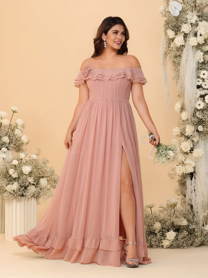 Robes de Demoiselle d'Honneur Grande Taille en Chiffon, Style Princesse/Ligne A, Décolleté Épaules Dénudées, Manches Courtes avec Fente Latérale