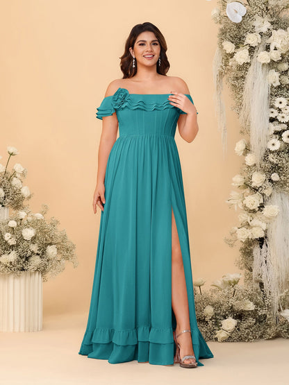 Robes de Demoiselle d'Honneur Grande Taille en Chiffon, Style Princesse/Ligne A, Décolleté Épaules Dénudées, Manches Courtes avec Fente Latérale