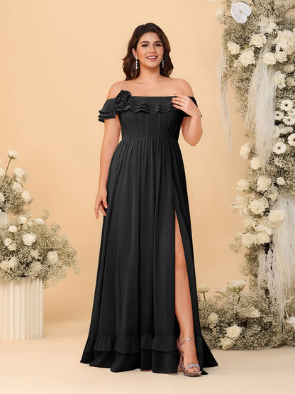 Robes de Demoiselle d'Honneur Grande Taille en Chiffon, Style Princesse/Ligne A, Décolleté Épaules Dénudées, Manches Courtes avec Fente Latérale