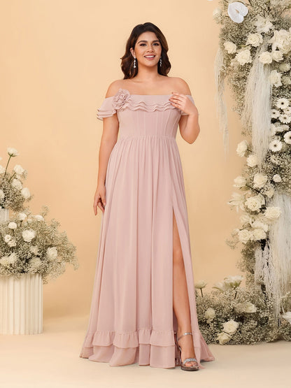 Robes de Demoiselle d'Honneur Grande Taille en Chiffon, Style Princesse/Ligne A, Décolleté Épaules Dénudées, Manches Courtes avec Fente Latérale