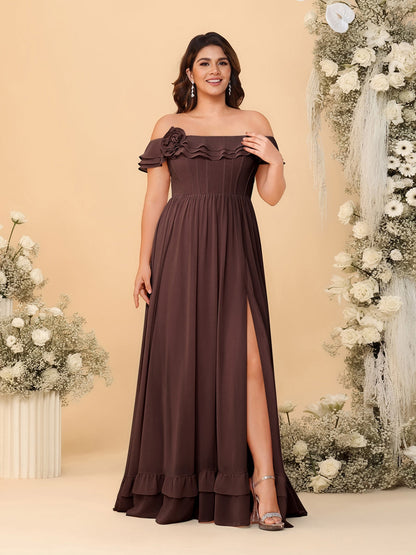 Robes de Demoiselle d'Honneur Grande Taille en Chiffon, Style Princesse/Ligne A, Décolleté Épaules Dénudées, Manches Courtes avec Fente Latérale