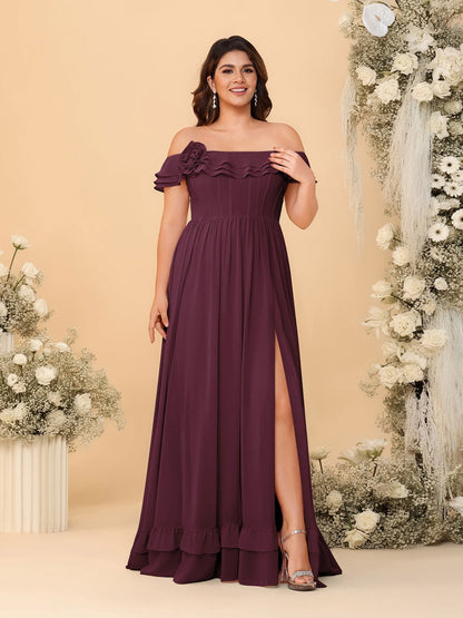 Robes de Demoiselle d'Honneur Grande Taille en Chiffon, Style Princesse/Ligne A, Décolleté Épaules Dénudées, Manches Courtes avec Fente Latérale