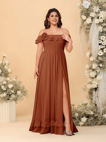 Robes de Demoiselle d'Honneur Grande Taille en Chiffon, Style Princesse/Ligne A, Décolleté Épaules Dénudées, Manches Courtes avec Fente Latérale
