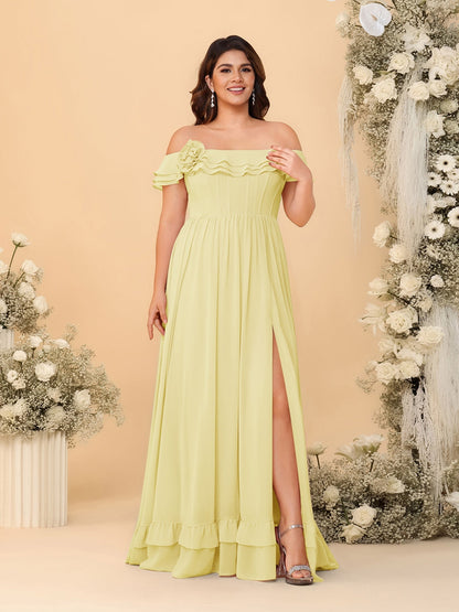 Robes de Demoiselle d'Honneur Grande Taille en Chiffon, Style Princesse/Ligne A, Décolleté Épaules Dénudées, Manches Courtes avec Fente Latérale