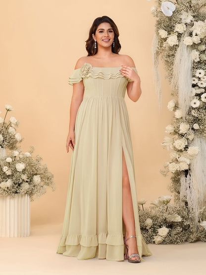 Robes de Demoiselle d'Honneur Grande Taille en Chiffon, Style Princesse/Ligne A, Décolleté Épaules Dénudées, Manches Courtes avec Fente Latérale