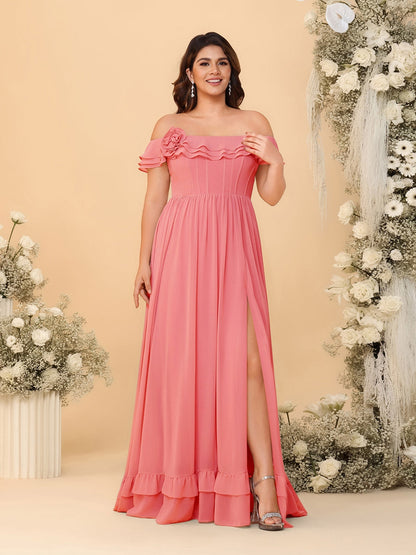Robes de Demoiselle d'Honneur Grande Taille en Chiffon, Style Princesse/Ligne A, Décolleté Épaules Dénudées, Manches Courtes avec Fente Latérale