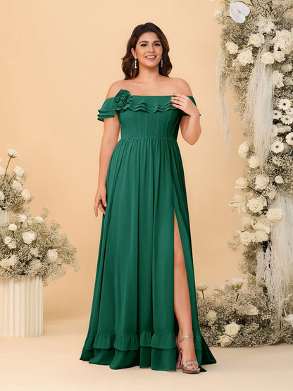 Robes de Demoiselle d'Honneur Grande Taille en Chiffon, Style Princesse/Ligne A, Décolleté Épaules Dénudées, Manches Courtes avec Fente Latérale