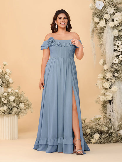 Robes de Demoiselle d'Honneur Grande Taille en Chiffon, Style Princesse/Ligne A, Décolleté Épaules Dénudées, Manches Courtes avec Fente Latérale