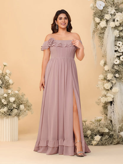 Robes de Demoiselle d'Honneur Grande Taille en Chiffon, Style Princesse/Ligne A, Décolleté Épaules Dénudées, Manches Courtes avec Fente Latérale