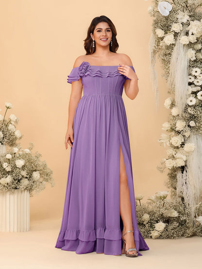 Robes de Demoiselle d'Honneur Grande Taille en Chiffon, Style Princesse/Ligne A, Décolleté Épaules Dénudées, Manches Courtes avec Fente Latérale