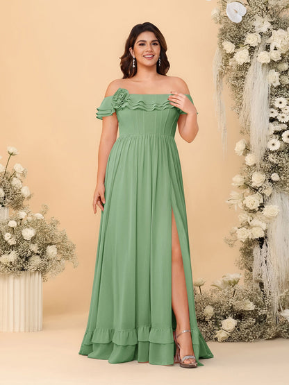 Robes de Demoiselle d'Honneur Grande Taille en Chiffon, Style Princesse/Ligne A, Décolleté Épaules Dénudées, Manches Courtes avec Fente Latérale