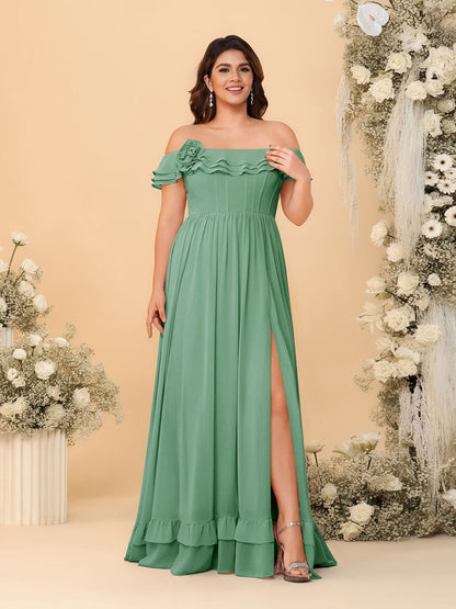 Robes de Demoiselle d'Honneur Grande Taille en Chiffon, Style Princesse/Ligne A, Décolleté Épaules Dénudées, Manches Courtes avec Fente Latérale