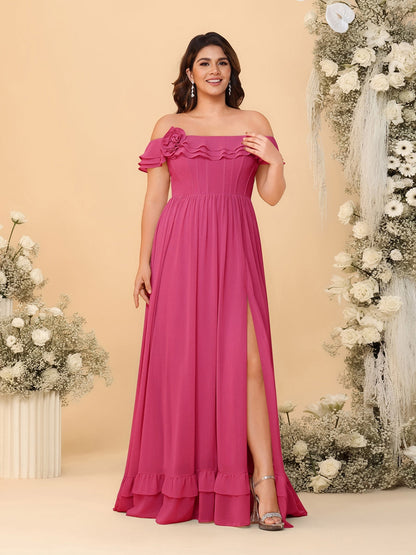 Robes de Demoiselle d'Honneur Grande Taille en Chiffon, Style Princesse/Ligne A, Décolleté Épaules Dénudées, Manches Courtes avec Fente Latérale