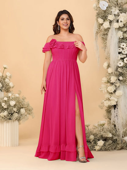 Robes de Demoiselle d'Honneur Grande Taille en Chiffon, Style Princesse/Ligne A, Décolleté Épaules Dénudées, Manches Courtes avec Fente Latérale
