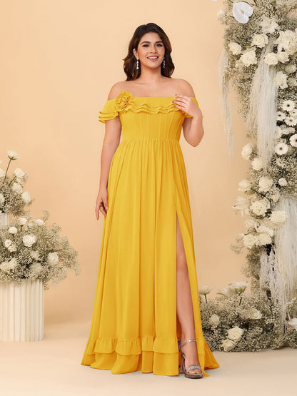 Robes de Demoiselle d'Honneur Grande Taille en Chiffon, Style Princesse/Ligne A, Décolleté Épaules Dénudées, Manches Courtes avec Fente Latérale