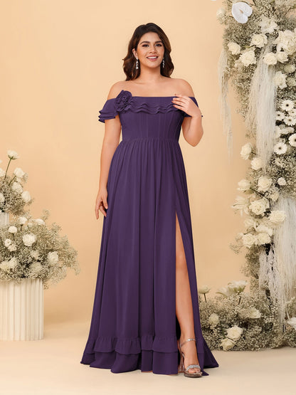 Robes de Demoiselle d'Honneur Grande Taille en Chiffon, Style Princesse/Ligne A, Décolleté Épaules Dénudées, Manches Courtes avec Fente Latérale