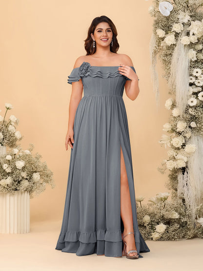 Robes de Demoiselle d'Honneur Grande Taille en Chiffon, Style Princesse/Ligne A, Décolleté Épaules Dénudées, Manches Courtes avec Fente Latérale