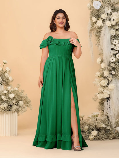 Robes de Demoiselle d'Honneur Grande Taille en Chiffon, Style Princesse/Ligne A, Décolleté Épaules Dénudées, Manches Courtes avec Fente Latérale