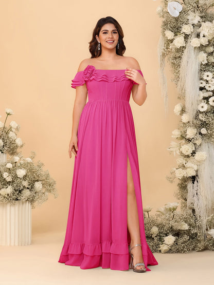 Robes de Demoiselle d'Honneur Grande Taille en Chiffon, Style Princesse/Ligne A, Décolleté Épaules Dénudées, Manches Courtes avec Fente Latérale