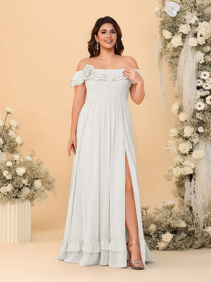 Robes de Demoiselle d'Honneur Grande Taille en Chiffon, Style Princesse/Ligne A, Décolleté Épaules Dénudées, Manches Courtes avec Fente Latérale