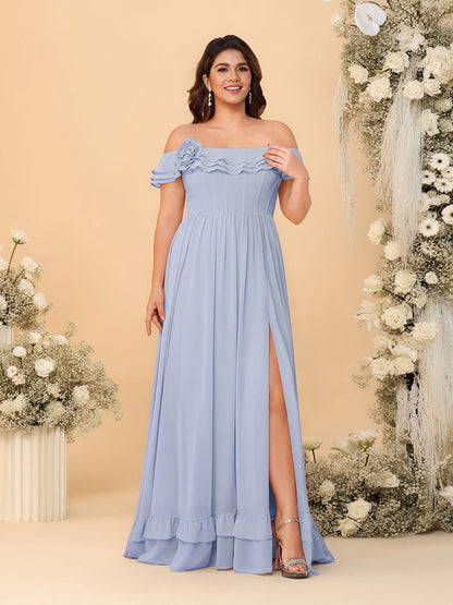 Robes de Demoiselle d'Honneur Grande Taille en Chiffon, Style Princesse/Ligne A, Décolleté Épaules Dénudées, Manches Courtes avec Fente Latérale