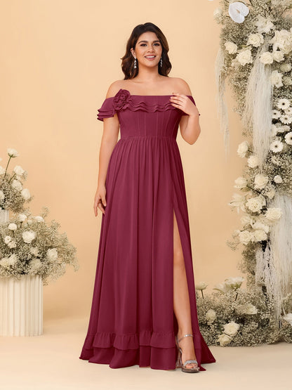 Robes de Demoiselle d'Honneur Grande Taille en Chiffon, Style Princesse/Ligne A, Décolleté Épaules Dénudées, Manches Courtes avec Fente Latérale
