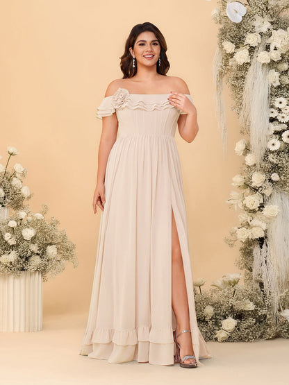 Robes de Demoiselle d'Honneur Grande Taille en Chiffon, Style Princesse/Ligne A, Décolleté Épaules Dénudées, Manches Courtes avec Fente Latérale