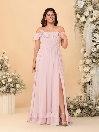Robes de Demoiselle d'Honneur Grande Taille en Chiffon, Style Princesse/Ligne A, Décolleté Épaules Dénudées, Manches Courtes avec Fente Latérale
