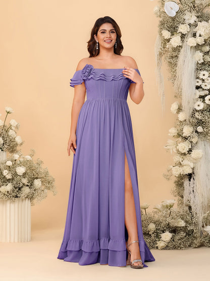 Robes de Demoiselle d'Honneur Grande Taille en Chiffon, Style Princesse/Ligne A, Décolleté Épaules Dénudées, Manches Courtes avec Fente Latérale