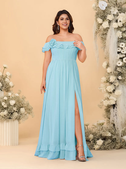 Robes de Demoiselle d'Honneur Grande Taille en Chiffon, Style Princesse/Ligne A, Décolleté Épaules Dénudées, Manches Courtes avec Fente Latérale