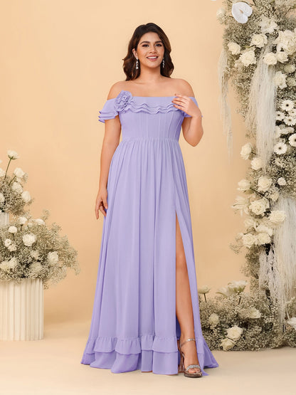 Robes de Demoiselle d'Honneur Grande Taille en Chiffon, Style Princesse/Ligne A, Décolleté Épaules Dénudées, Manches Courtes avec Fente Latérale