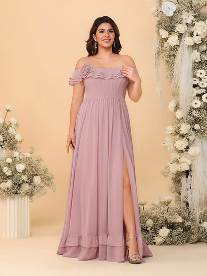 Robes de Demoiselle d'Honneur Grande Taille en Chiffon, Style Princesse/Ligne A, Décolleté Épaules Dénudées, Manches Courtes avec Fente Latérale