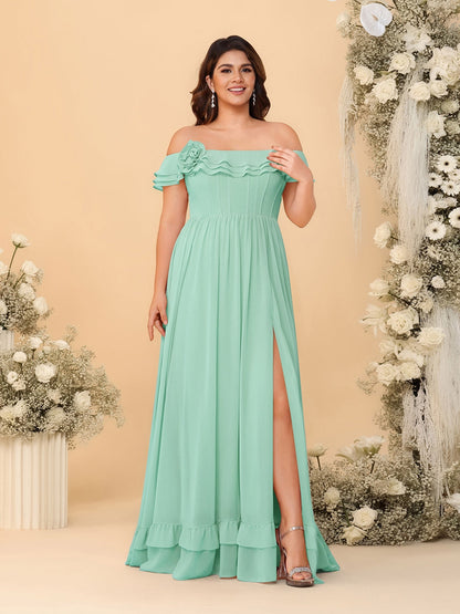 Robes de Demoiselle d'Honneur Grande Taille en Chiffon, Style Princesse/Ligne A, Décolleté Épaules Dénudées, Manches Courtes avec Fente Latérale