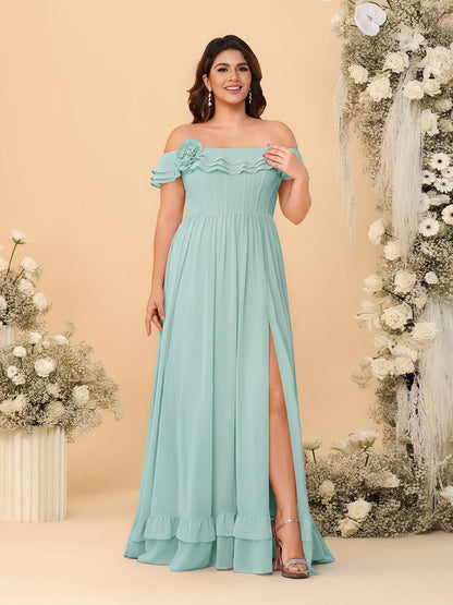 Robes de Demoiselle d'Honneur Grande Taille en Chiffon, Style Princesse/Ligne A, Décolleté Épaules Dénudées, Manches Courtes avec Fente Latérale