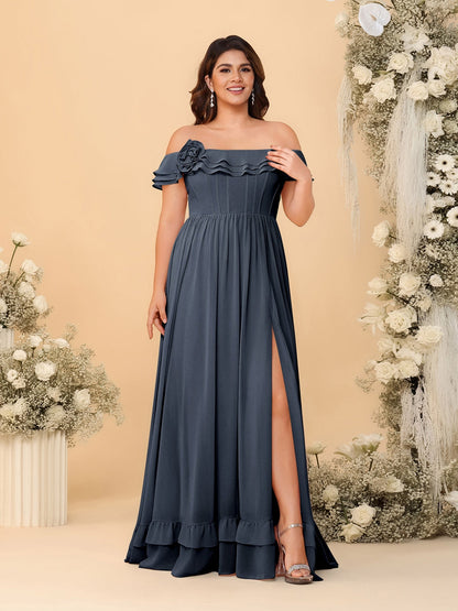 Robes de Demoiselle d'Honneur Grande Taille en Chiffon, Style Princesse/Ligne A, Décolleté Épaules Dénudées, Manches Courtes avec Fente Latérale