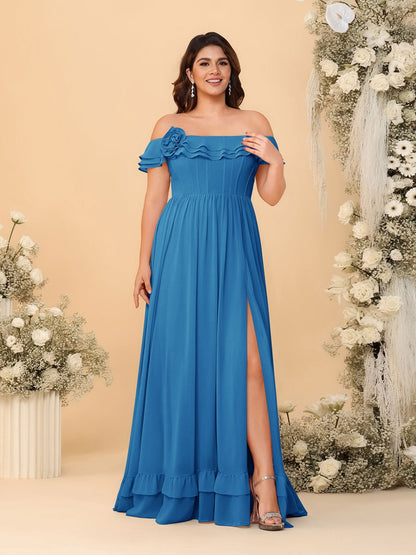 Robes de Demoiselle d'Honneur Grande Taille en Chiffon, Style Princesse/Ligne A, Décolleté Épaules Dénudées, Manches Courtes avec Fente Latérale