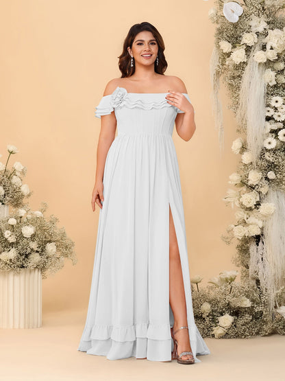 Robes de Demoiselle d'Honneur Grande Taille en Chiffon, Style Princesse/Ligne A, Décolleté Épaules Dénudées, Manches Courtes avec Fente Latérale