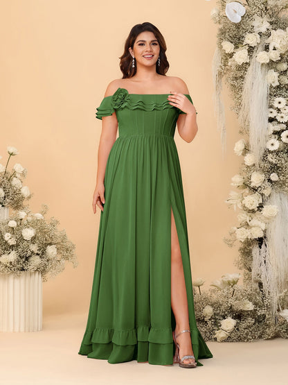 Robes de Demoiselle d'Honneur Grande Taille en Chiffon, Style Princesse/Ligne A, Décolleté Épaules Dénudées, Manches Courtes avec Fente Latérale