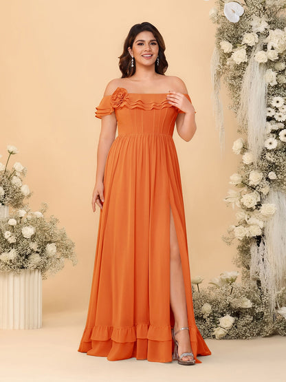 Robes de Demoiselle d'Honneur Grande Taille en Chiffon, Style Princesse/Ligne A, Décolleté Épaules Dénudées, Manches Courtes avec Fente Latérale