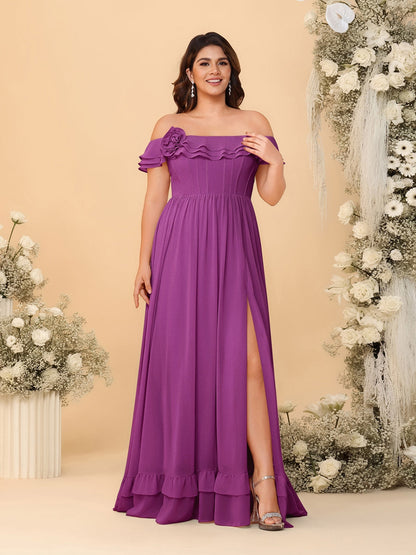 Robes de Demoiselle d'Honneur Grande Taille en Chiffon, Style Princesse/Ligne A, Décolleté Épaules Dénudées, Manches Courtes avec Fente Latérale
