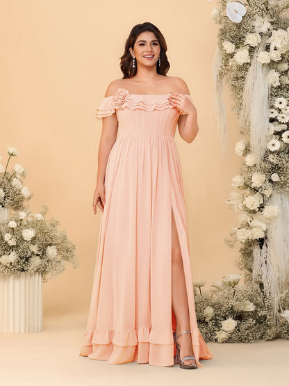 Robes de Demoiselle d'Honneur Grande Taille en Chiffon, Style Princesse/Ligne A, Décolleté Épaules Dénudées, Manches Courtes avec Fente Latérale