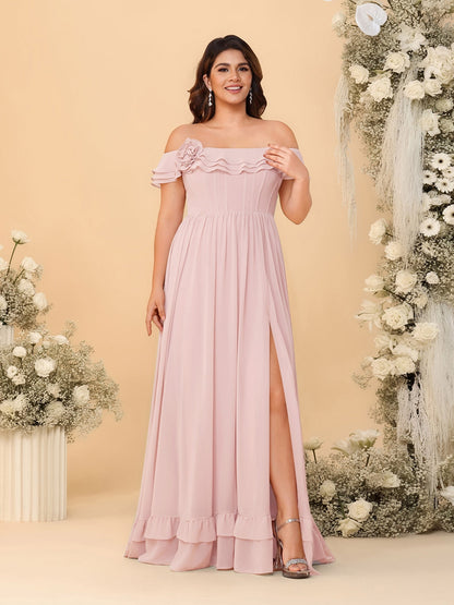 Robes de Demoiselle d'Honneur Grande Taille en Chiffon, Style Princesse/Ligne A, Décolleté Épaules Dénudées, Manches Courtes avec Fente Latérale