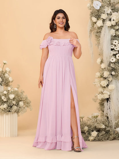 Robes de Demoiselle d'Honneur Grande Taille en Chiffon, Style Princesse/Ligne A, Décolleté Épaules Dénudées, Manches Courtes avec Fente Latérale