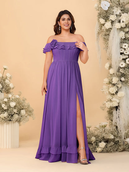 Robes de Demoiselle d'Honneur Grande Taille en Chiffon, Style Princesse/Ligne A, Décolleté Épaules Dénudées, Manches Courtes avec Fente Latérale