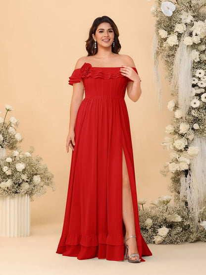 Robes de Demoiselle d'Honneur Grande Taille en Chiffon, Style Princesse/Ligne A, Décolleté Épaules Dénudées, Manches Courtes avec Fente Latérale