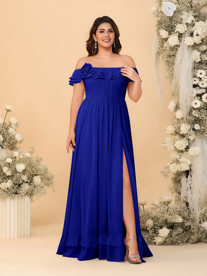 Robes de Demoiselle d'Honneur Grande Taille en Chiffon, Style Princesse/Ligne A, Décolleté Épaules Dénudées, Manches Courtes avec Fente Latérale