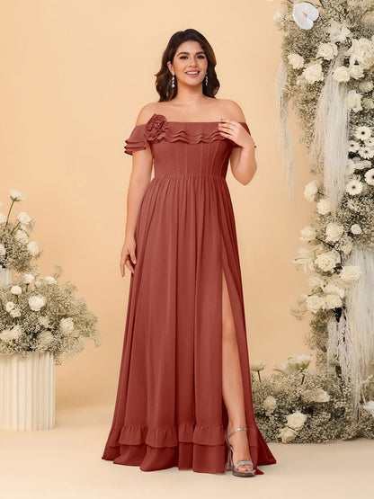 Robes de Demoiselle d'Honneur Grande Taille en Chiffon, Style Princesse/Ligne A, Décolleté Épaules Dénudées, Manches Courtes avec Fente Latérale