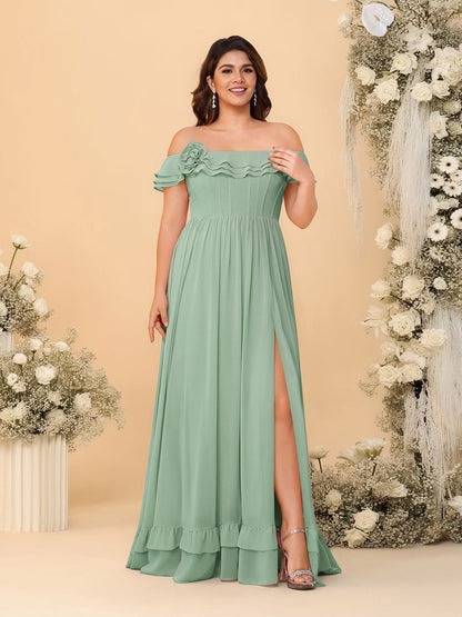 Robes de Demoiselle d'Honneur Grande Taille en Chiffon, Style Princesse/Ligne A, Décolleté Épaules Dénudées, Manches Courtes avec Fente Latérale